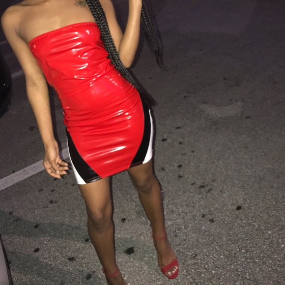 strapless red latex dress